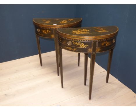 Pair of 19th century demi-lune foldover card table in the Chinoserie taste fitted with three drawers on square tapered legs 6