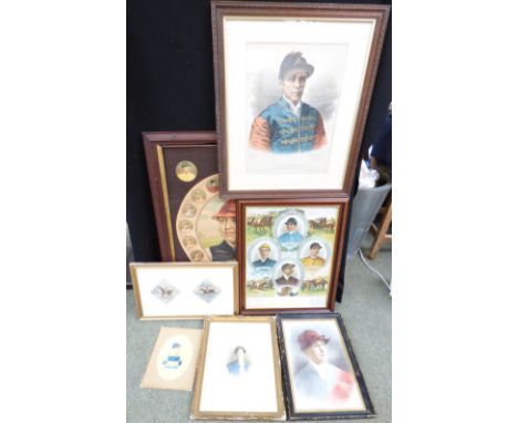 Early C20th School "Famous Jockeys 1901", a similar horseshoe shaped colour print depicting 18 leading jockeys, a pair of pai