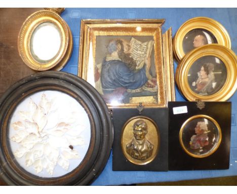 C19th miniature wax portrait in profile depicting a nobleman, signed Galleaux, pair wax portrait profiles by Aboudio, another