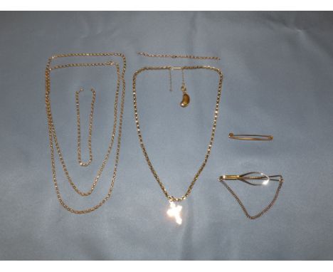 Two gold coloured metal necklaces (one broken) and 9ct gold tie pin, 27g
