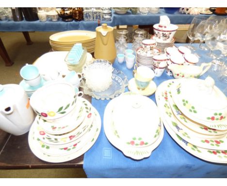 Poole Pottery two tone part breakfast service, assorted table / teawares, press glass and 6 champagne saucers