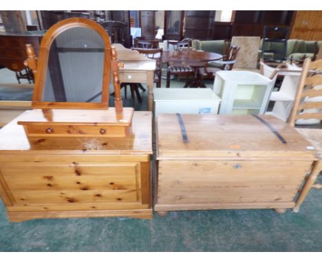 Pine domed top trunk, a similar flat sided trunk, and a pine mirror