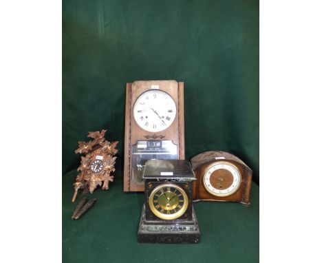 Marble and slate mantle clock, Edwardian oak case mantle clock, and President 31 Day wall clock, and cuckoo clock