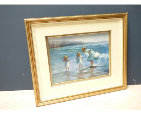 Impressionist oil painting portrait of children beach paddling, 30cmx39cm approx
