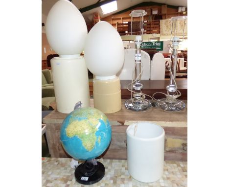 Various contemporary  table lamps and shades, and a globe