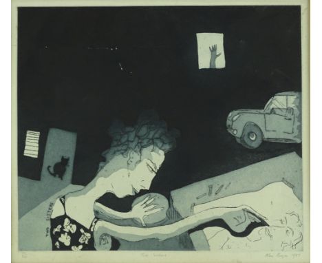 Ken Bayer? etching, 2 sisters 1987, signed in pencil, plate size 12" x 13.5", together with another etching by a different ha