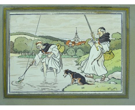 Harry Eliott (1882-1959), watercolour, monks fishing, signed, 4" x 5.5" and crayon drawing, First War period, a trench scene,
