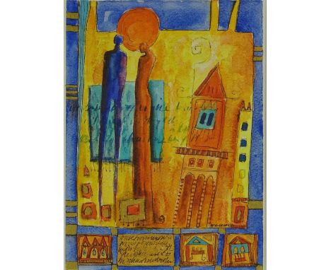 Anne Rensen, lithograph, abstract, signed in pencil, image 10.5" x 7.5" and Megan Fishpool, etching, kissing, image 6.5" x 9"