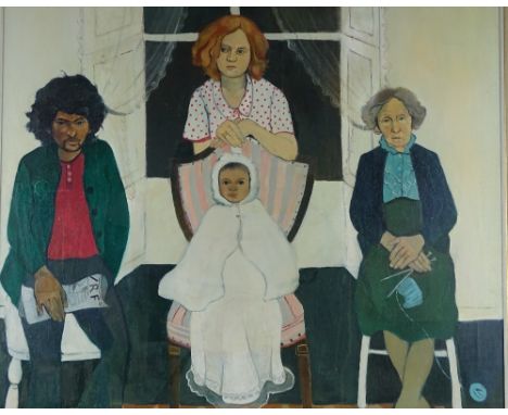 20th century British School, oil on canvas, family portrait, unsigned, 50" x 40", framed.