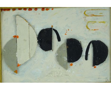 Mixed media oil/collage, relief abstract composition, unsigned, 13.5" x 9" and a similar oil on board, abstract, framed, (2).