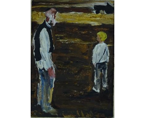 Russian School, oil on board, man and boy watching a tractor, inscribed verso, 8.5" x 6", framed.