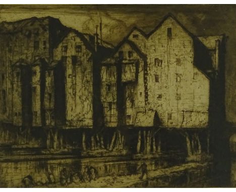 Frank Brangwyn, etching, continental buildings, plate size 11.5" x 14.5", signed in pencil, framed.