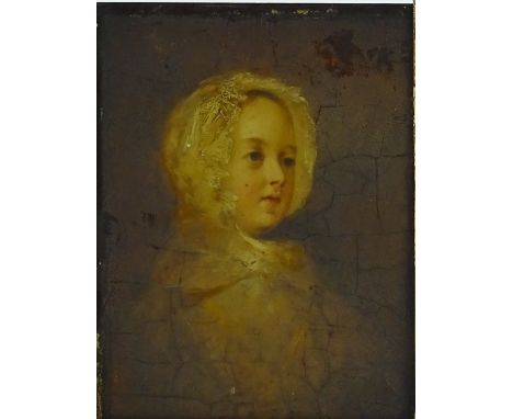 English School, oil on wood panel circa 1830, portrait of a child, unsigned, 9" x 6.5", framed.