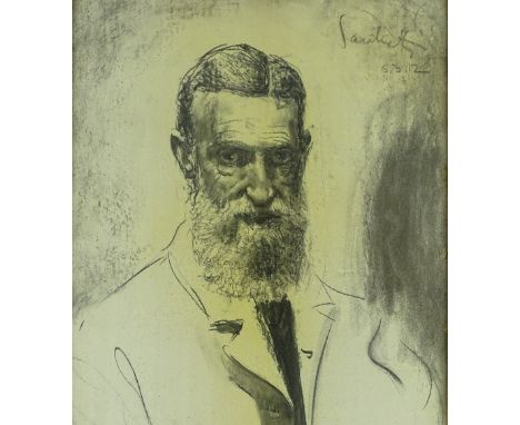 Charcoal on paper, portrait of George Bernard Shaw, indistinctly signed, dated 1912, 24" x 18", framed.
