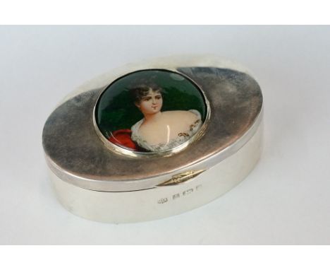 Marston &amp; Bayliss silver snuffbox with portrait of Juliette Recamier to lid in enamel 