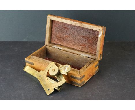 A brass angle sextant in fitted wooden box with brass fittings. 