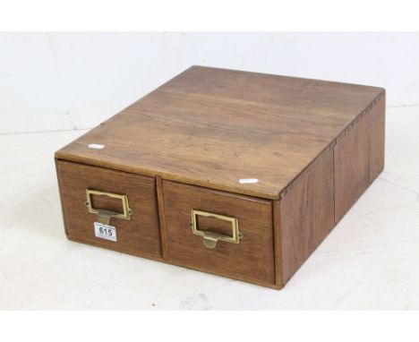 Mid century Oak Table Top Two Drawer Filing Cabinet with brass handles, 37.5cm wide x 44cm deep x 15cm high 