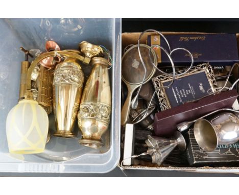 Tray Pair of Brass Vases, Brass Wall Light with Glass Shade, Brass Double Inkwell together with Mixed Silver Plate, Metalware