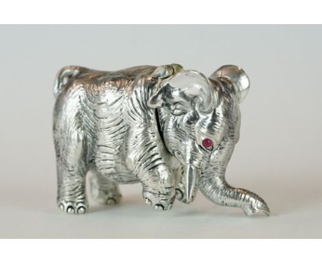 Silver plated vesta case in the form of an elephant with ruby eyes 