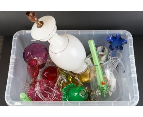 Collection of Glassware, 19th and 20th century including Cranberry, Opaque Lamp Base, Studio, etc 