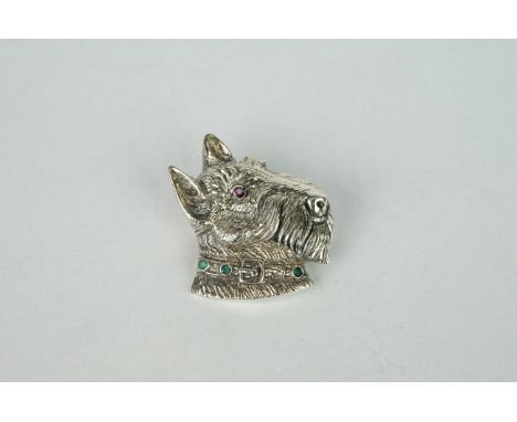 Silver dog's head brooch / pendant with emerald collar and ruby eyes 