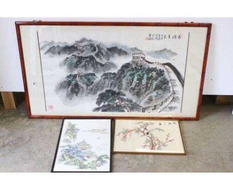 Good selection of Chinese artworks, to include a large framed scroll image, a silk study of birds in blossom &amp; another of