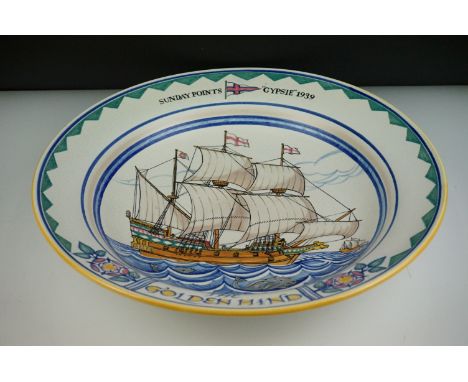 Large Poole Pottery ' The Golden Hind ' Wall Bowl / Charger, the bowl decorated with the galleon, also inscribed to front ' S