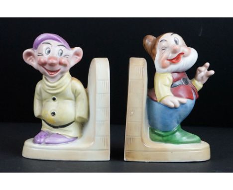 Pair of 1950's Continental Ceramic Bookends in the form of Snow White's Dwarfs Happy and Dopey created by permission of Walt 