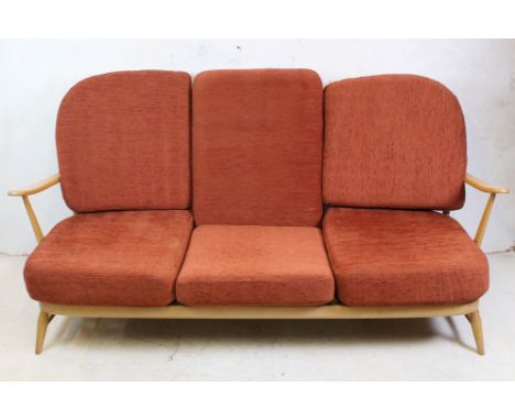 1960's Ercol Windsor Blonde Beech and Elm Three Seater Settee / Sofa, model 203 with cushions, 174cm long x 92cm deep x 83cm 