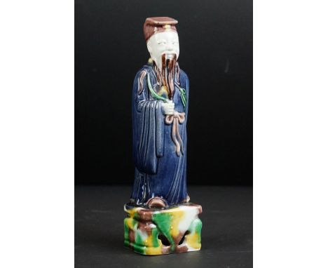 Chinese Ceramic Tang style Figure with blue, green and brown mottled glaze, 14cm high 