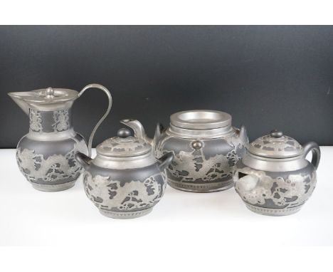 Late 19th / Early 20th century Chinese Pewter Mounted Yixing Four Piece Tea Service decorated with dragons 