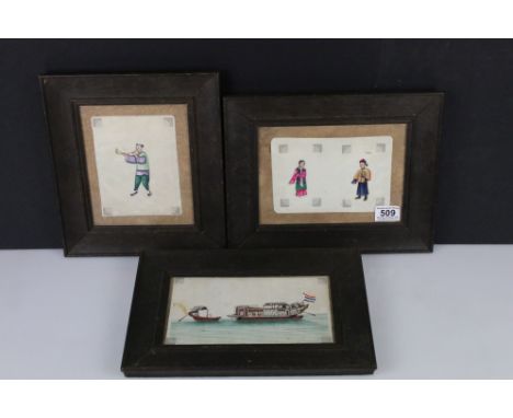 Set of framed antique Chinese watercolours depicting portrait studies and traditional boats 