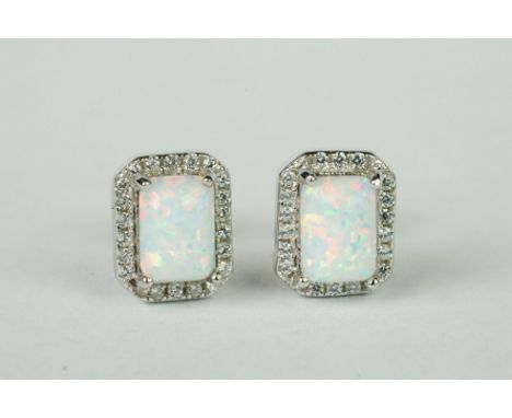 Pair of silver, CZ &amp; opal panelled earrings 