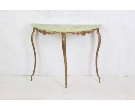 Gilt Metal Demi-lune Console Table with Green Faux Marble Top, 90cm wide x 75cm high 