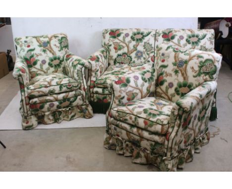 Early 20th century Cottage Three Piece Suite covered in designer style bold floral, fruit and foliate fabric, raised on squar