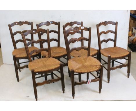Set of Six French Oak Ladder Back Dining Chairs with rush seats, 90cm high 