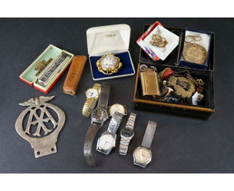 A group of mixed collectables to include poker dice, harmonica, jewellery, badges and coins. 