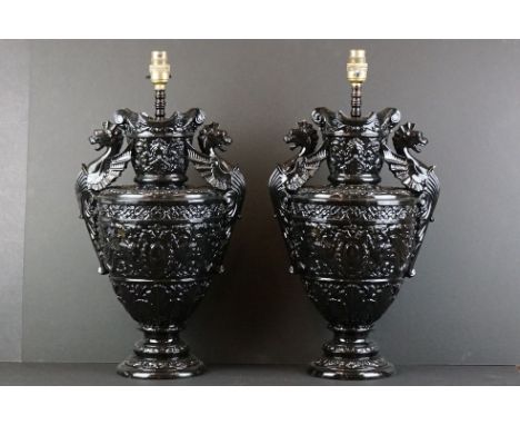 Pair of 19th century Wilhelm Schiller Vases converted to lamp bases, with a later applied glossy black finish, marked WS&amp;