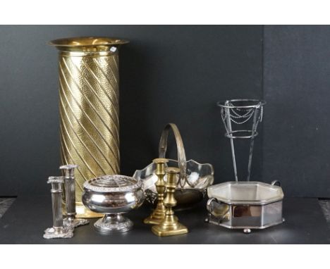 Mixed metalware including brass stick stand, brass candlesticks, pair of silver plated candlesticks, 2 serving dishes with gl