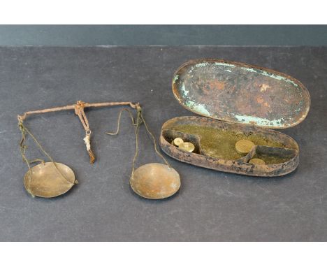 A set of 18th century coin balance scales complete with weights and original box 