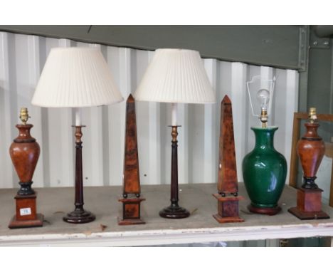 Pair of Wooden Stick Table Lamps, Pair of Wooden Effect Table Lamps, Green Glazed Ceramic Table Lamp and a Pair of Wooden Obe