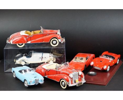 Cased Minichamps 1:18 scale Car (a/f), Two Burago 1:18 Scale Diecast Cars, another 1:18 scale Car and Two Tin Plate Red Open 