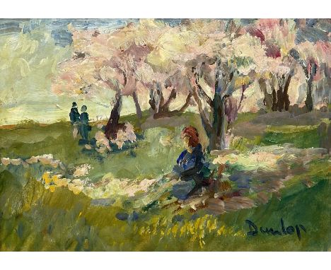 Ronald Ossory Dunlop (British 1894-1973): Girl Beneath the Blossom Trees, oil on board signed 18.5cm x 26cmCondition Report:G