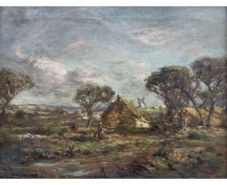 John Bowman (Staithes Group 1872-1915): Thatched Cottage and Figure near Ugthorpe Mill Whitby, oil on canvas signed 35cm x 45