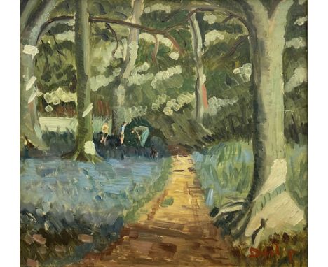 Ronald Ossory Dunlop (British 1894-1973): Walking the Dog in the Forest at 'Arundel', oil on board signed, titled verso 36cm 