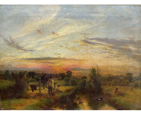 Circle of James Francis Danby (British 1816-1875): Children Playing by the Stream at Sunset, oil on canvas unsigned 35.5cm x 