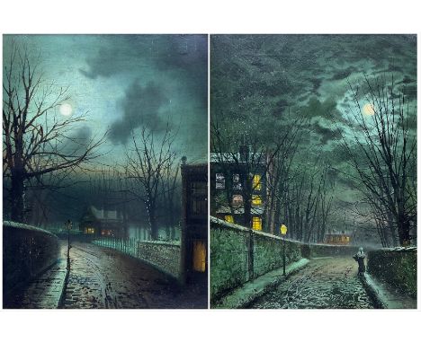 Walter Linsley Meegan (British c1860-1944): Leeds Street scenes by Moonlight, pair oils on canvas signed 45cm x 35cm (2)Condi