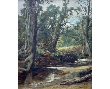 Leopold Rivers (British 1850-1905): A Secluded Stream, oil on canvas signed, partial label verso 29cm x 24cm Condition Report