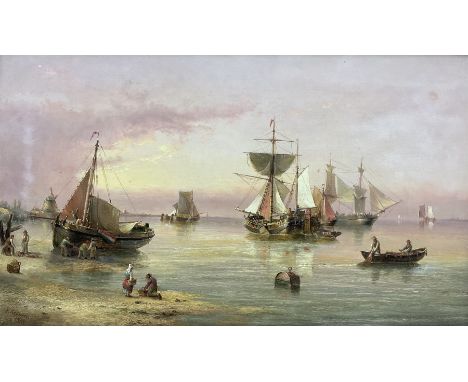 Henry Redmore (British 1820-1887): Fishing Boats and Sailing Vessels on the Shoreline in Calm Waters, oil on canvas signed an