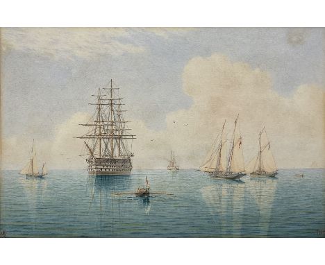 William Frederick Settle (Hull 1821-1897): British Man o' War at Anchor with Crew rowing to Shore, watercolour signed with mo